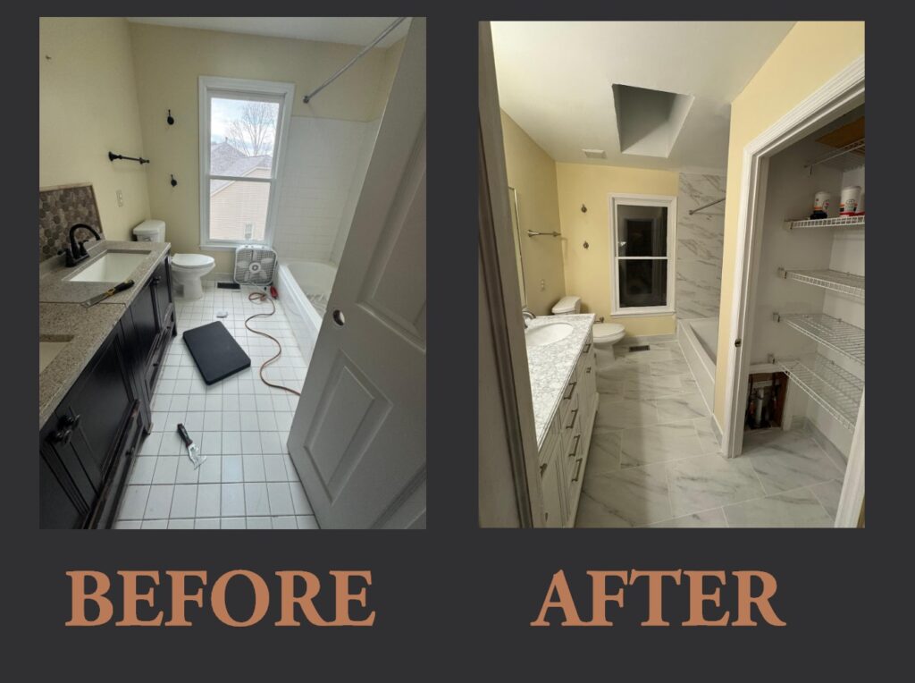Before and After bathroom remodeling of a small guest bathroom with floor replacement 