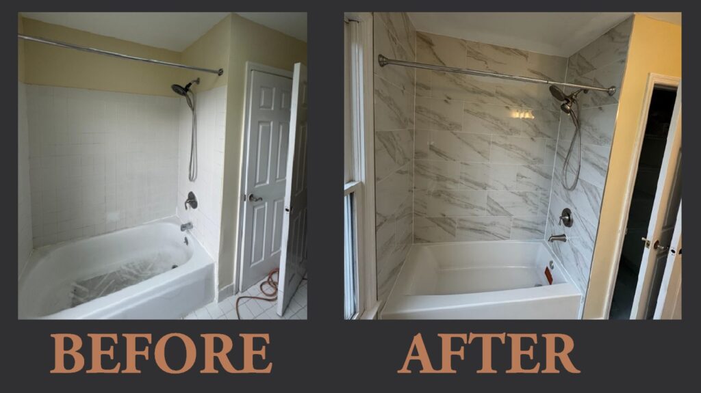 Before and After of a bathroom remodeling and a budget, tub and tile replacement 