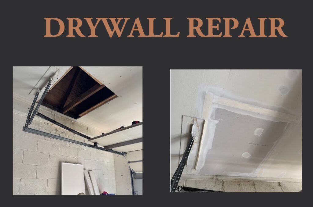 Before and After of drywall repair in a garage after eliminating a leak