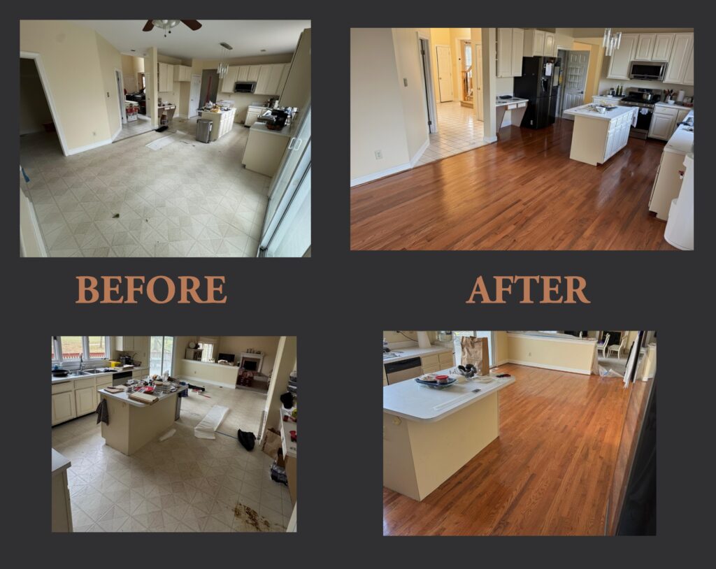Before and After of hardwood floor installation and squeaking noise elimination 