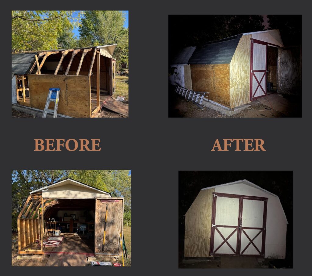 Before and After of a residential shed repair done in one day