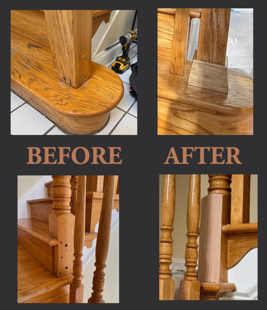 Restored staircase in a Lansdale home in PA, secured Balusters, sanded and refinished stairs and railing, elimination of dark spots and restoring and hiding imperfections and large repairs