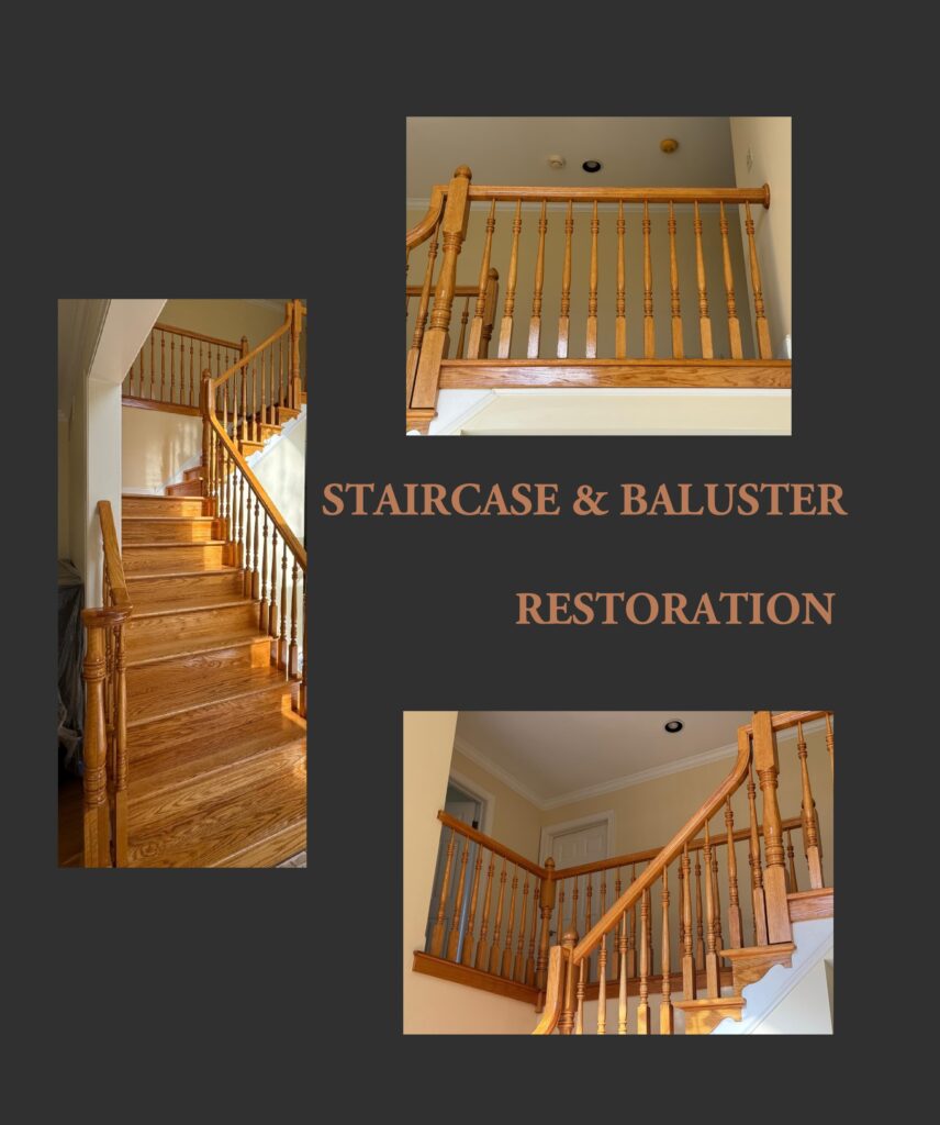 Restored staircase in a Lansdale home in PA, secured Balusters, sanded and refinished stairs and railing, elimination of dark spots and restoring and hiding imperfections and large repairs